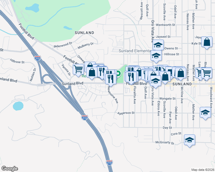 map of restaurants, bars, coffee shops, grocery stores, and more near 10475 Newhome Avenue in Los Angeles
