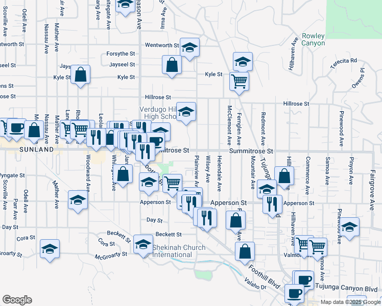 map of restaurants, bars, coffee shops, grocery stores, and more near 10611 Plainview Avenue in Los Angeles