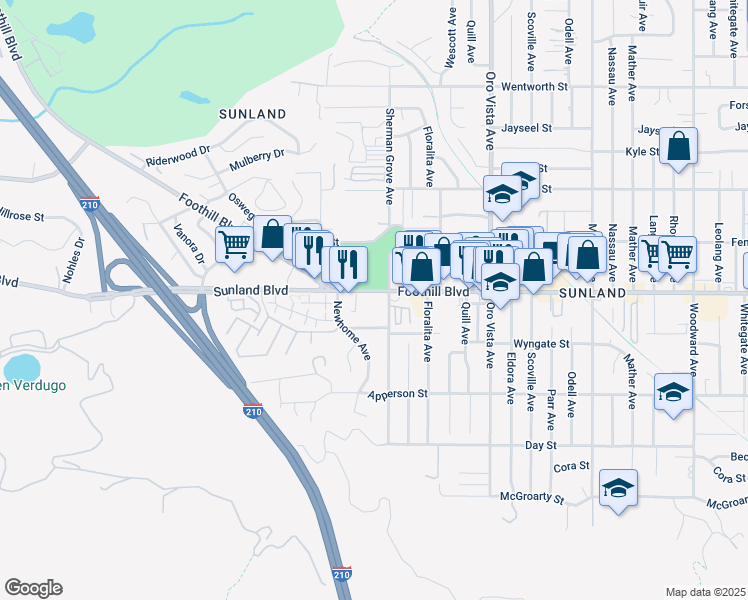 map of restaurants, bars, coffee shops, grocery stores, and more near 8642 Foothill Boulevard in Los Angeles