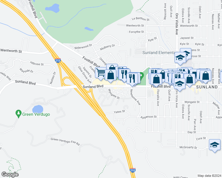 map of restaurants, bars, coffee shops, grocery stores, and more near 10501 Sunland Boulevard in Los Angeles