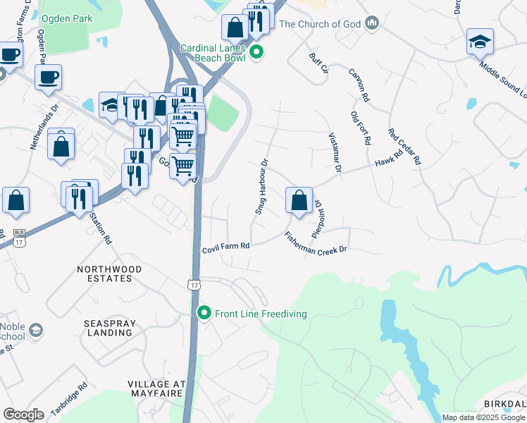 map of restaurants, bars, coffee shops, grocery stores, and more near 7100 Privateer Court in Wilmington