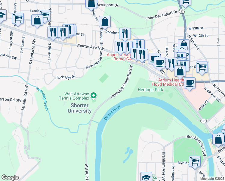 map of restaurants, bars, coffee shops, grocery stores, and more near 18 Horseleg Creek Road Southwest in Rome
