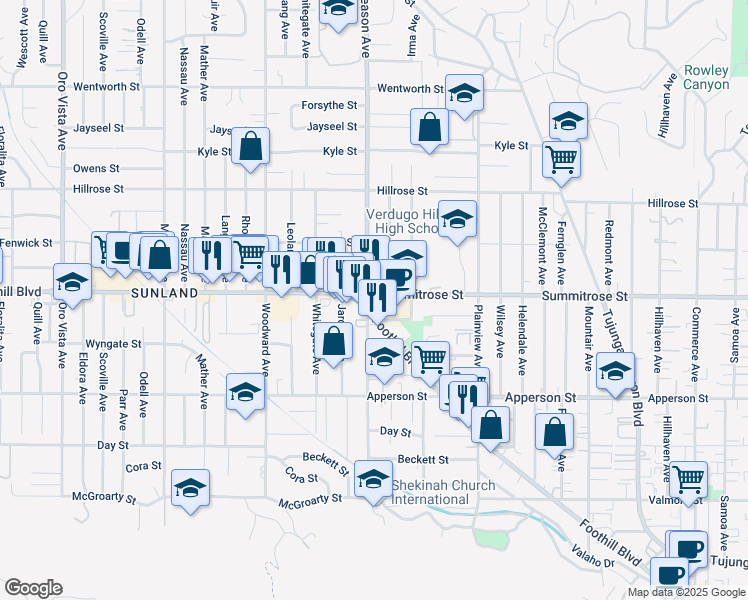 map of restaurants, bars, coffee shops, grocery stores, and more near 10511 Tinker Avenue in Los Angeles