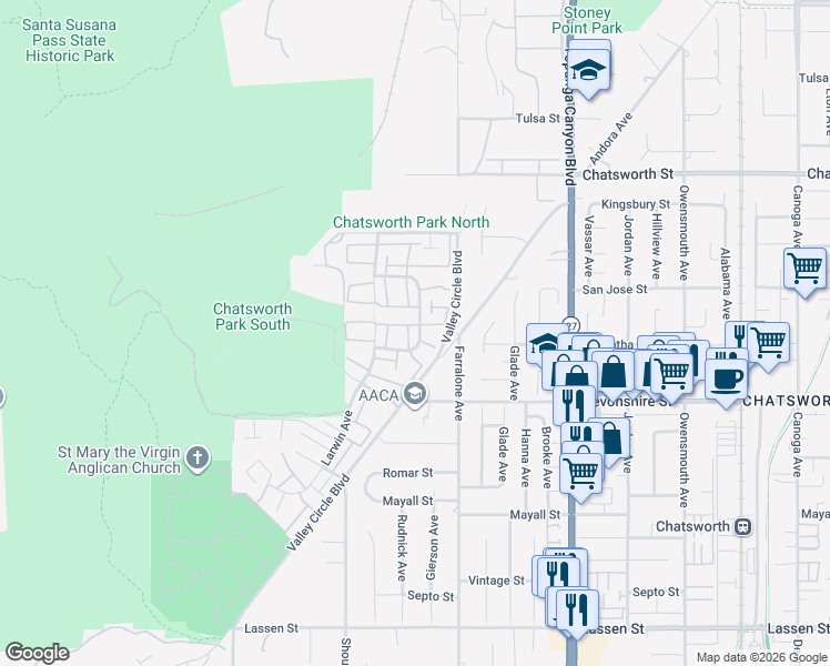 map of restaurants, bars, coffee shops, grocery stores, and more near 22309 James Alan Circle in Los Angeles