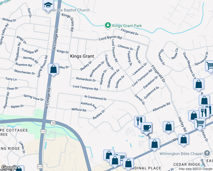 map of restaurants, bars, coffee shops, grocery stores, and more near 805 Shakespeare Drive in Wilmington