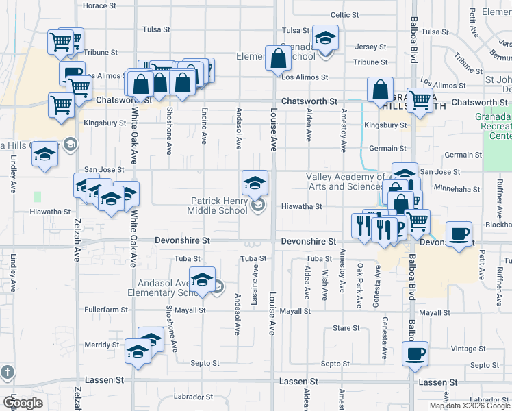 map of restaurants, bars, coffee shops, grocery stores, and more near 17340 San Jose St in Granada Hills