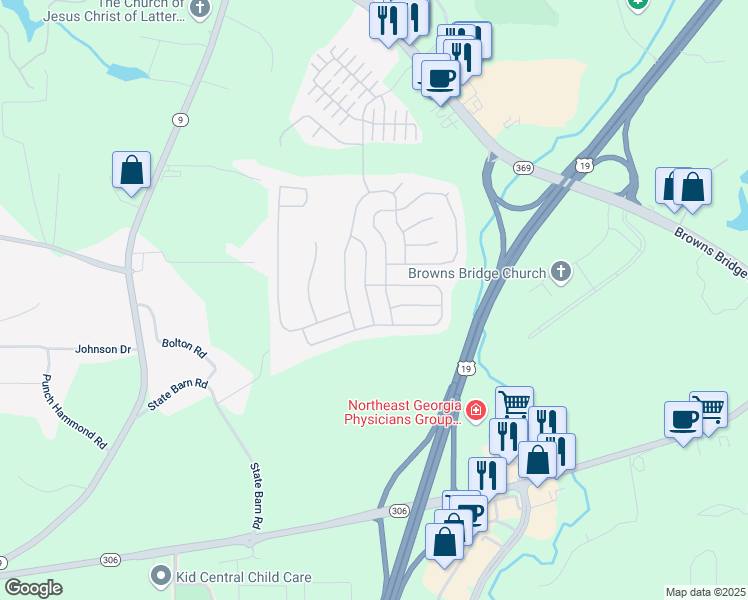 map of restaurants, bars, coffee shops, grocery stores, and more near 4245 Arch Pass in Cumming