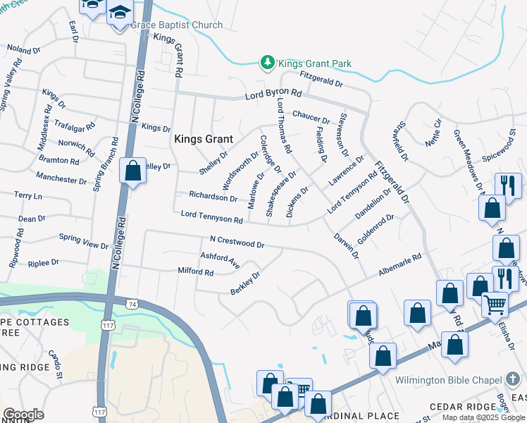 map of restaurants, bars, coffee shops, grocery stores, and more near 805 Shakespeare Drive in Wilmington
