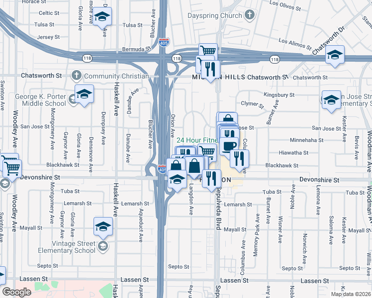 map of restaurants, bars, coffee shops, grocery stores, and more near 10406 Marklein Avenue in Los Angeles