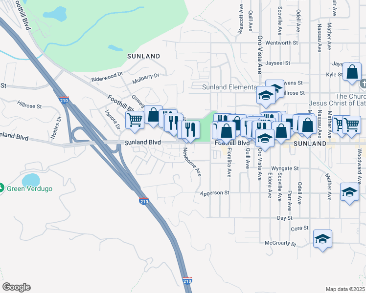 map of restaurants, bars, coffee shops, grocery stores, and more near 10475 Newhome Avenue in Los Angeles