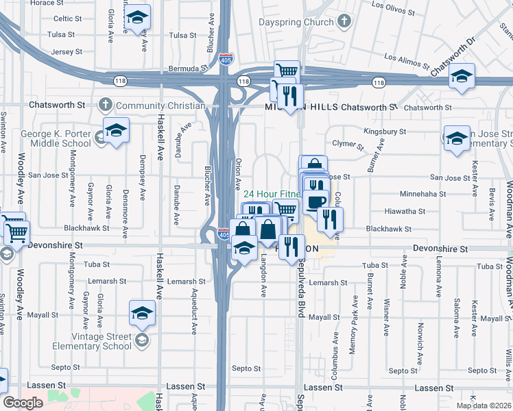 map of restaurants, bars, coffee shops, grocery stores, and more near 10406 Marklein Avenue in Los Angeles