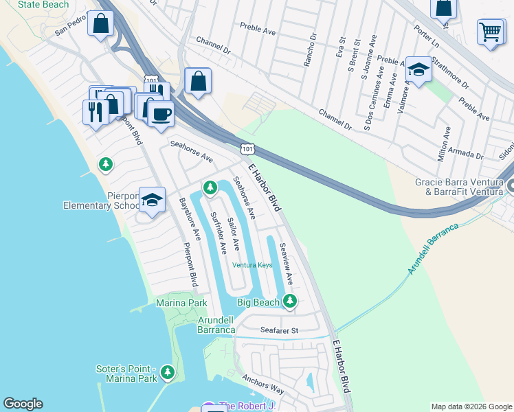 map of restaurants, bars, coffee shops, grocery stores, and more near 901 Seaside Court in Ventura