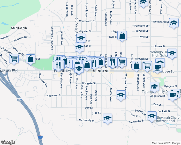 map of restaurants, bars, coffee shops, grocery stores, and more near 8315 Foothill Boulevard in Los Angeles