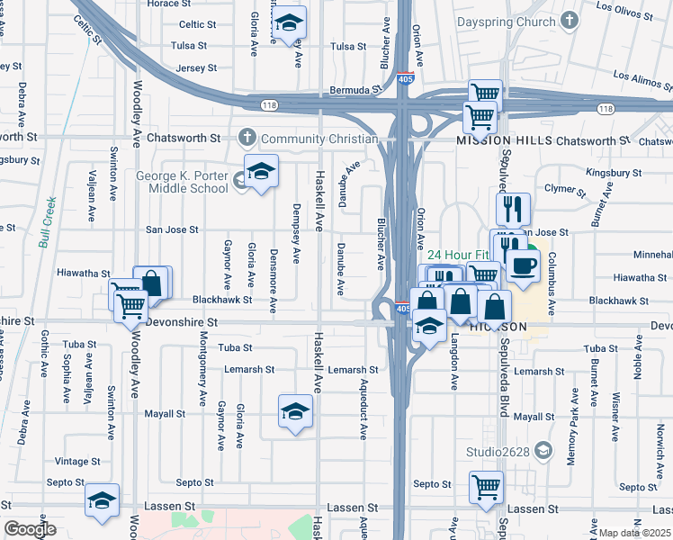map of restaurants, bars, coffee shops, grocery stores, and more near 10407 Danube Avenue in Los Angeles