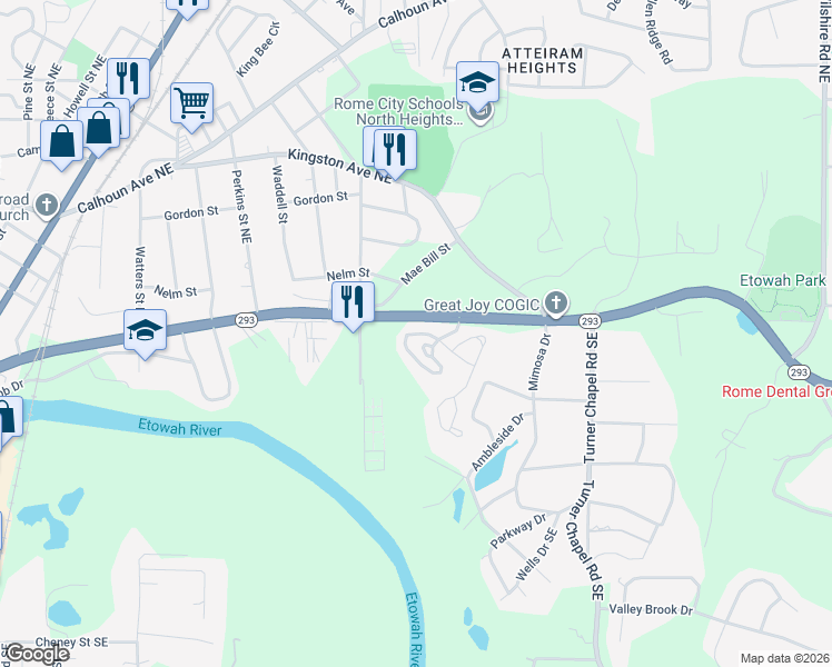 map of restaurants, bars, coffee shops, grocery stores, and more near 2301 Village Boulevard Southeast in Rome