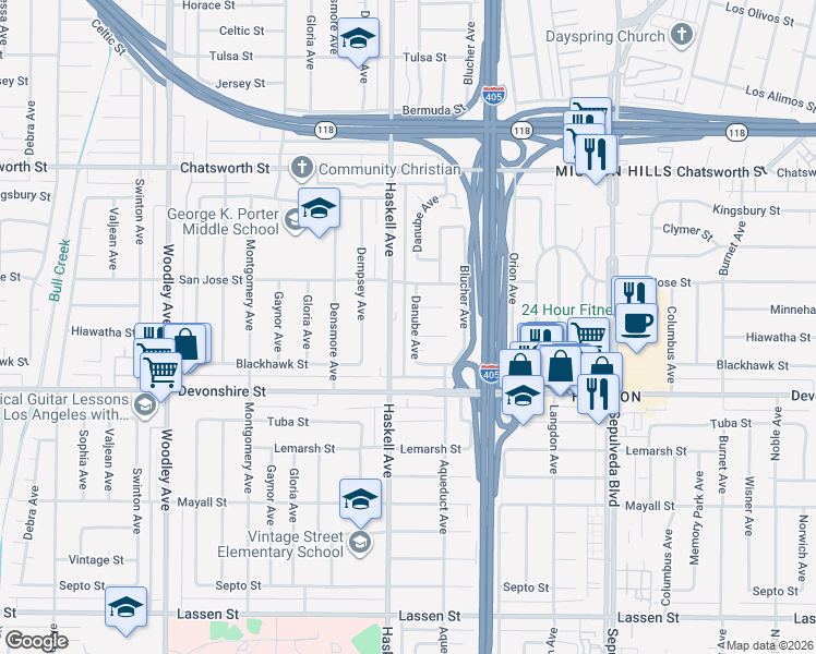 map of restaurants, bars, coffee shops, grocery stores, and more near 10407 Danube Avenue in Los Angeles