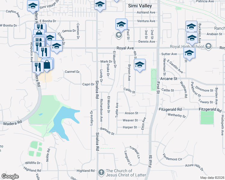 map of restaurants, bars, coffee shops, grocery stores, and more near 1140 El Monte Drive in Simi Valley