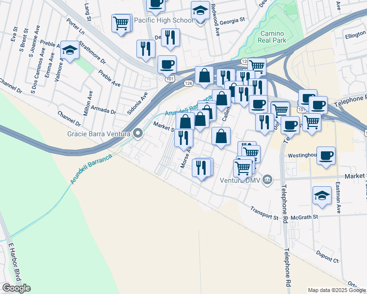 map of restaurants, bars, coffee shops, grocery stores, and more near 3804 Market St in Ventura