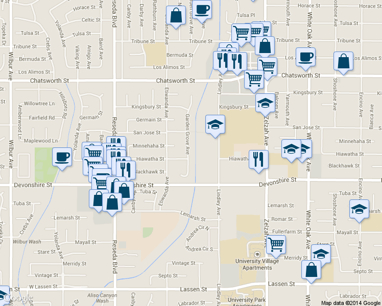 map of restaurants, bars, coffee shops, grocery stores, and more near 10432 Garden Grove Avenue in Los Angeles