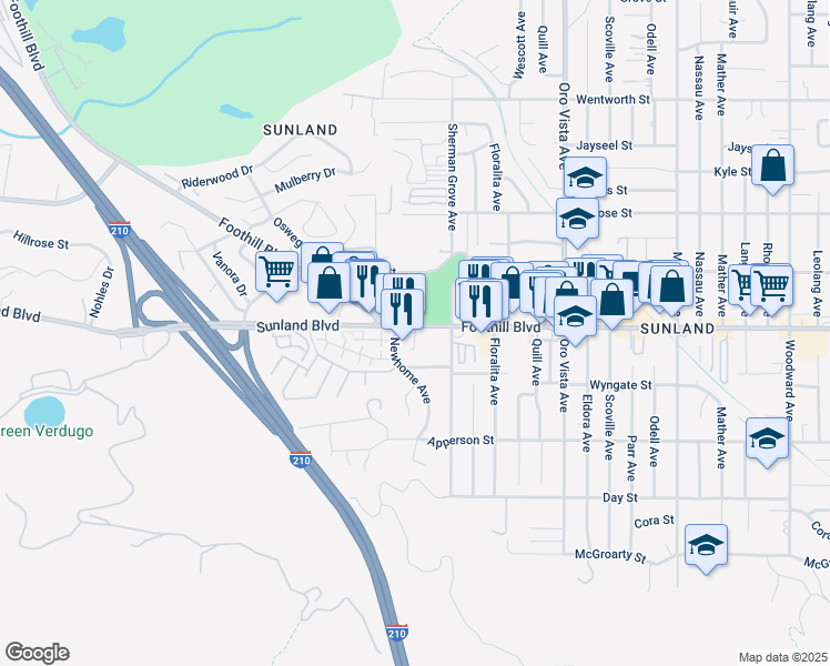 map of restaurants, bars, coffee shops, grocery stores, and more near 8642 Foothill Boulevard in Los Angeles