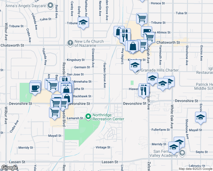map of restaurants, bars, coffee shops, grocery stores, and more near 10432 Garden Grove Avenue in Los Angeles