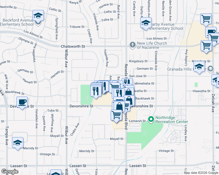 map of restaurants, bars, coffee shops, grocery stores, and more near 10417 Amigo Avenue in Los Angeles
