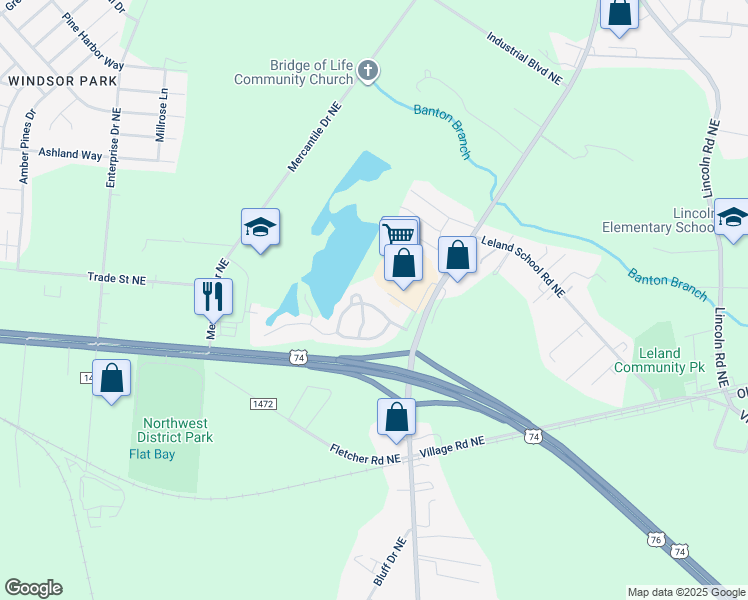 map of restaurants, bars, coffee shops, grocery stores, and more near 1016 Lake Norman Lane in Leland