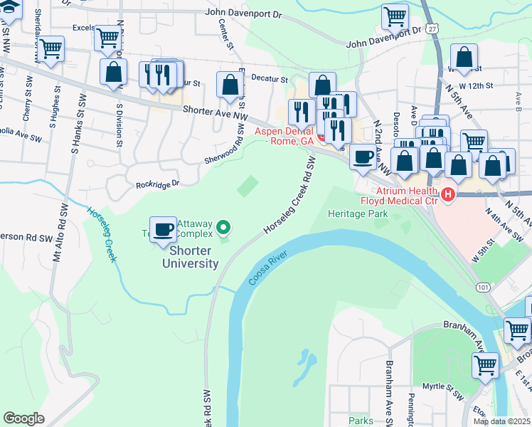 map of restaurants, bars, coffee shops, grocery stores, and more near 18 Horseleg Creek Road Southwest in Rome