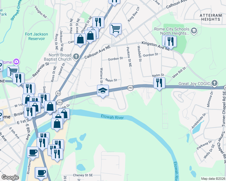 map of restaurants, bars, coffee shops, grocery stores, and more near 1263 Martin Luther King Junior Boulevard in Rome