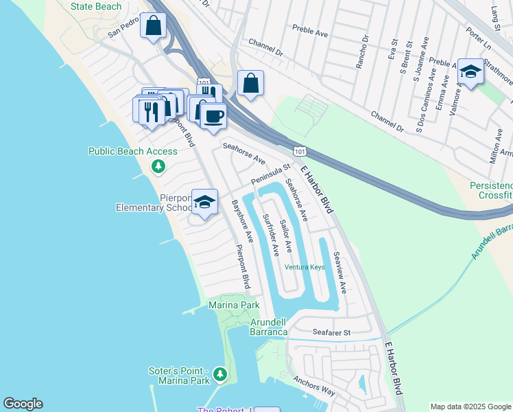 map of restaurants, bars, coffee shops, grocery stores, and more near 2695 Surfrider Avenue in Ventura