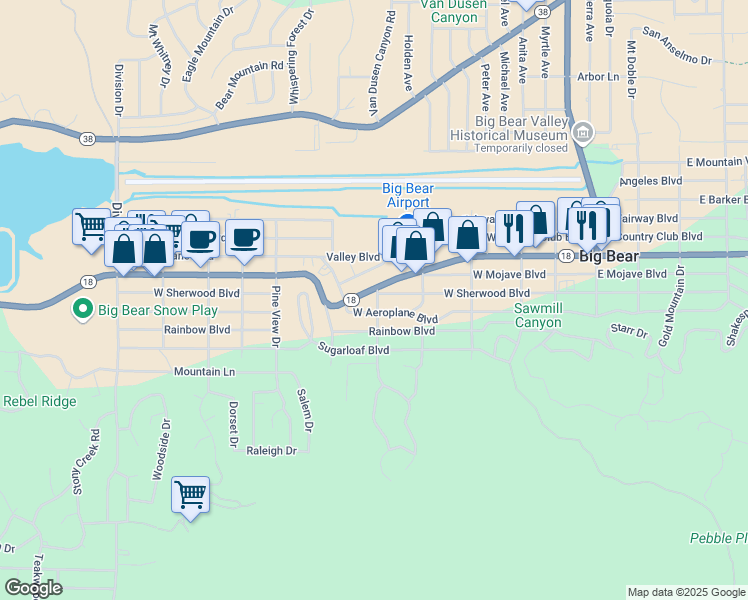 map of restaurants, bars, coffee shops, grocery stores, and more near 600 West Big Bear Boulevard in Big Bear