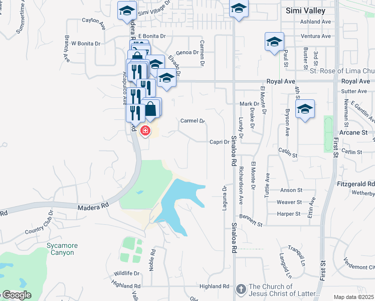 map of restaurants, bars, coffee shops, grocery stores, and more near 1101 Hacienda Drive in Simi Valley
