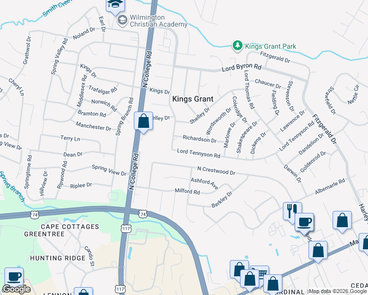 map of restaurants, bars, coffee shops, grocery stores, and more near 4910 Richardson Drive in Wilmington