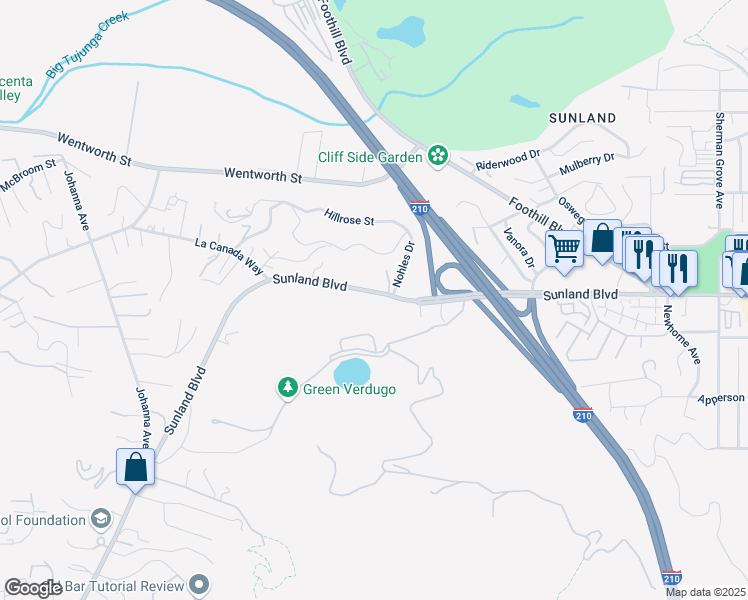 map of restaurants, bars, coffee shops, grocery stores, and more near 10246 Sunland Boulevard in Los Angeles