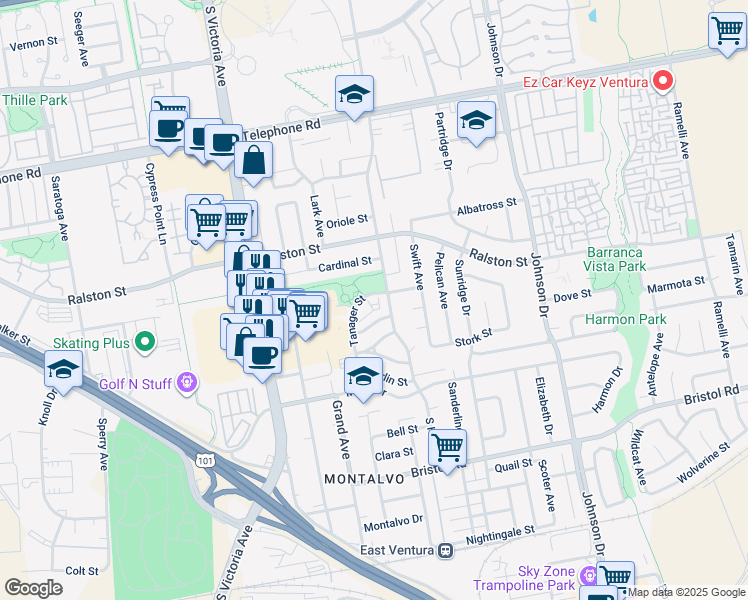 map of restaurants, bars, coffee shops, grocery stores, and more near 1690 Tanager Street in Ventura