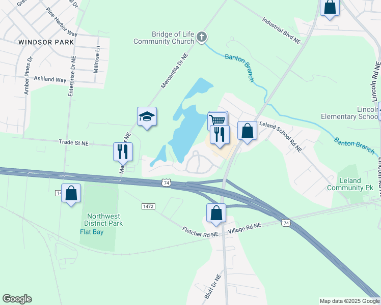 map of restaurants, bars, coffee shops, grocery stores, and more near 1028 Lake Norman Lane in Leland