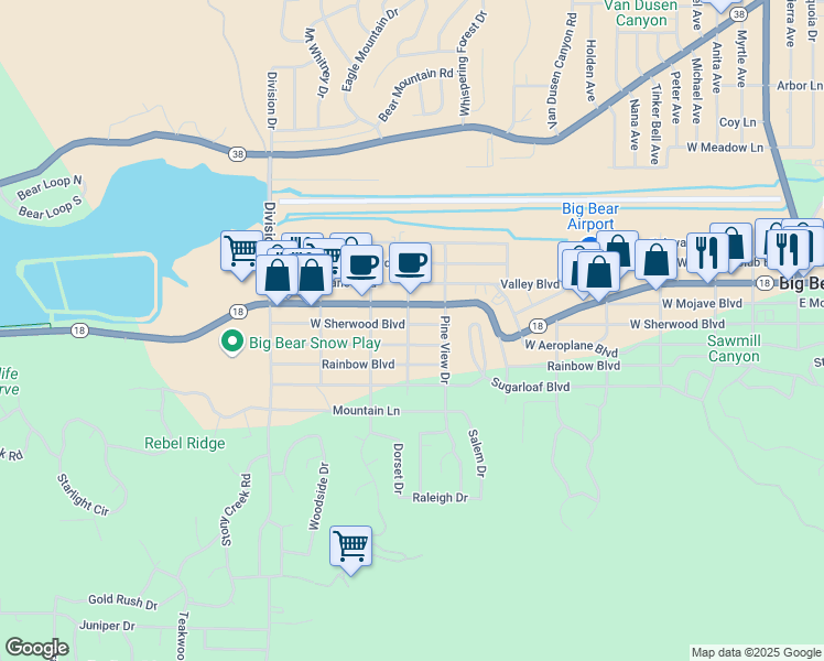 map of restaurants, bars, coffee shops, grocery stores, and more near 828 West Sherwood Boulevard in Big Bear