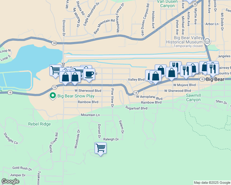 map of restaurants, bars, coffee shops, grocery stores, and more near 202 Pine View Drive in Big Bear
