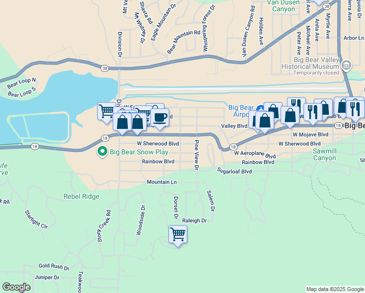 map of restaurants, bars, coffee shops, grocery stores, and more near 828 West Sherwood Boulevard in Big Bear