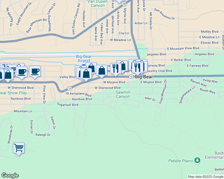 map of restaurants, bars, coffee shops, grocery stores, and more near 318 West Sherwood Boulevard in Big Bear