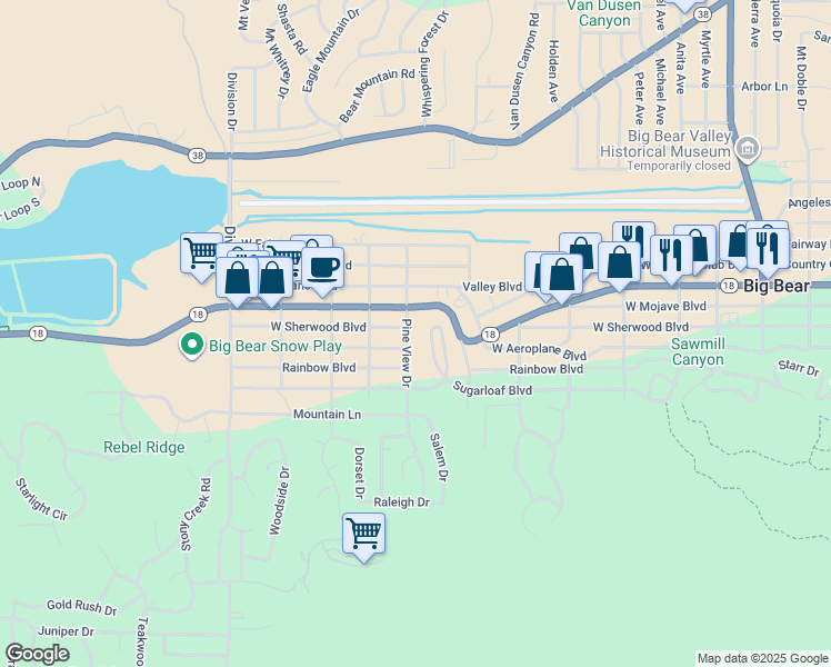 map of restaurants, bars, coffee shops, grocery stores, and more near 202 Pine View Drive in Big Bear