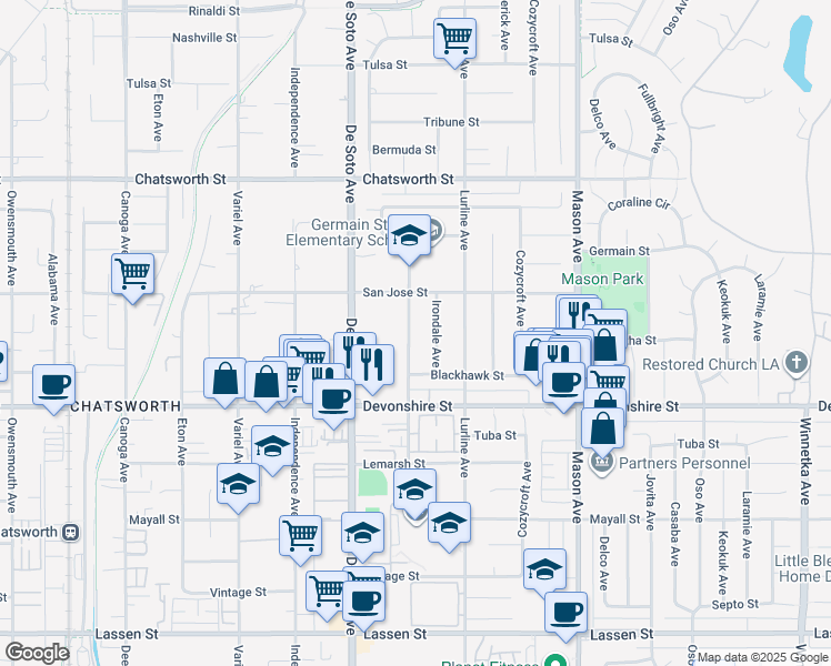 map of restaurants, bars, coffee shops, grocery stores, and more near 10414 Oklahoma Avenue in Los Angeles