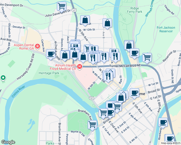 map of restaurants, bars, coffee shops, grocery stores, and more near 330 Turner McCall Boulevard in Rome