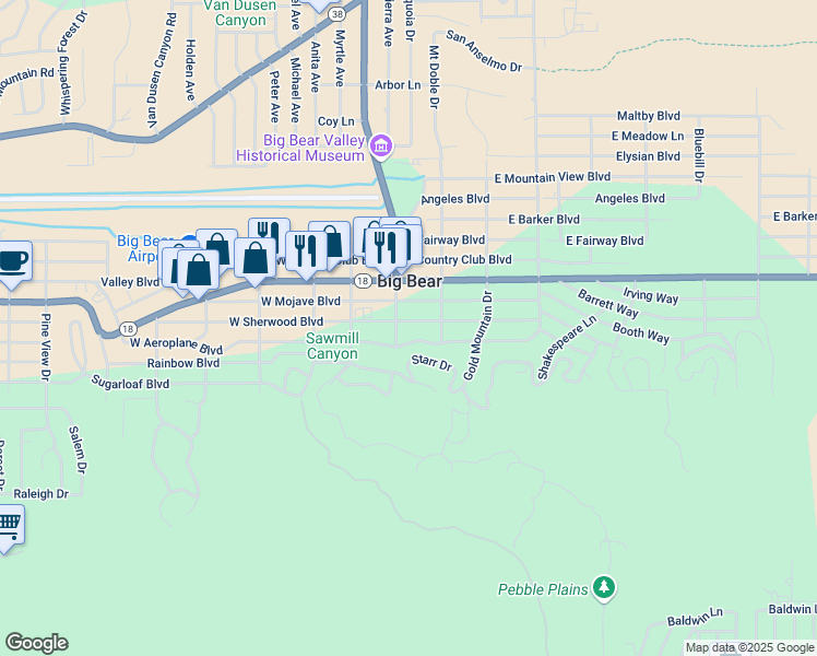 map of restaurants, bars, coffee shops, grocery stores, and more near 101 East Sherwood Boulevard in Big Bear