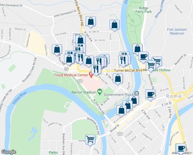 map of restaurants, bars, coffee shops, grocery stores, and more near 330 Turner McCall Boulevard in Rome