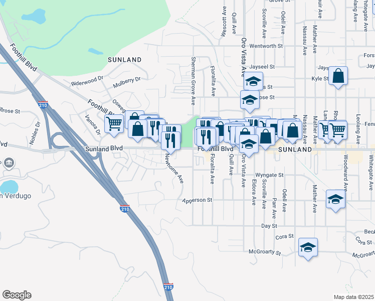 map of restaurants, bars, coffee shops, grocery stores, and more near 10500 Sherman Grove Avenue in Los Angeles
