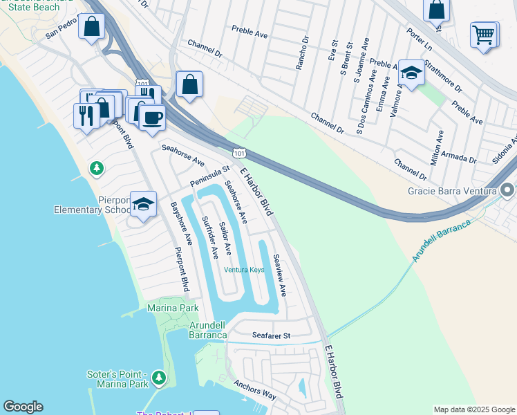 map of restaurants, bars, coffee shops, grocery stores, and more near 901 Seaside Court in Ventura