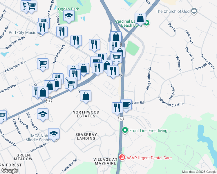 map of restaurants, bars, coffee shops, grocery stores, and more near 294 Military Cutoff Road in Wilmington