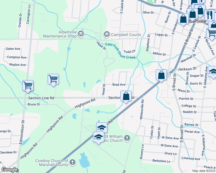 map of restaurants, bars, coffee shops, grocery stores, and more near 523A Brad Avenue in Albertville