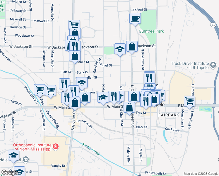 map of restaurants, bars, coffee shops, grocery stores, and more near 530 West Jefferson Street in Tupelo